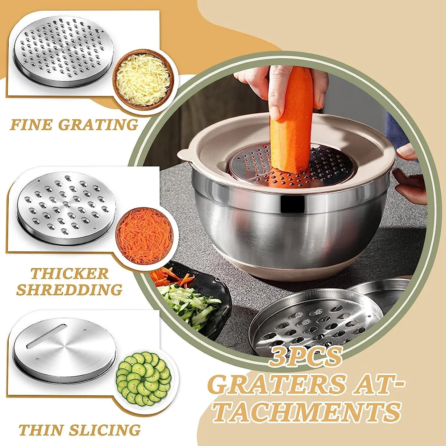 Mixing Bowls with Airtight Lids, 26Pcs Stainless Steel Bowls Set, 3 Grater Attachments & Black Non-Slip Bottoms Size 7, 4, 2.5, 2.0,1.5, 1QT, Great for Mixing & Serving