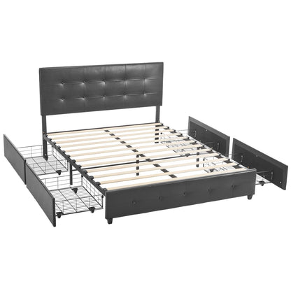 Zimtown Queen Size Upholstered Platform Bed Frame with 4 Drawers and Tufted Headboard, Black