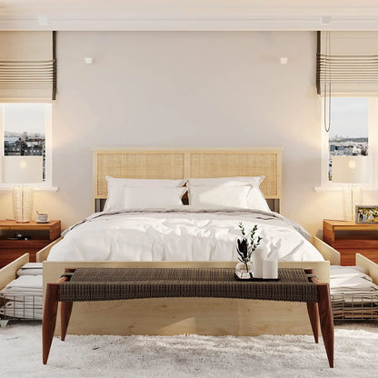 Brafab Natural Rattan Queen Bed Frame with Wooden Headboard and 4 Storage Drawers, Boho Cane Bed Metal Platform Bed with Strong Wooden Slat Mattress Foundation, Noise Free, No Box Spring Needed…