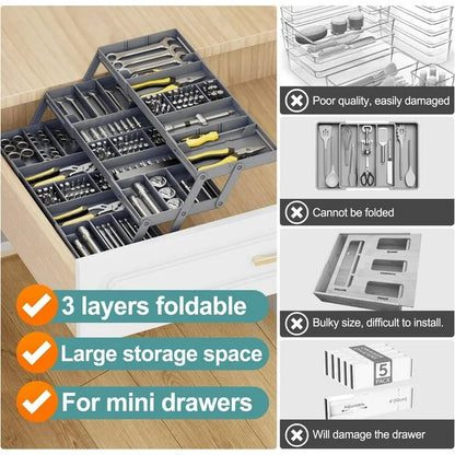 Katinyos 3 Tier Expandable Drawer Organizer, Multi Level Folding Desk Organizer, Cabinet Organizer for Makeup, Jewelry, Desk, and Office Drawers