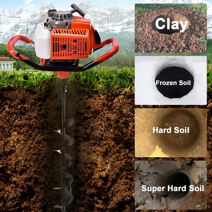 PRIJESSE Gas Powered Earth Digger with 3 Extension Rods + 3 Auger Drill Bits