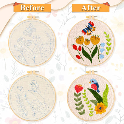 2 Pack Punch Needle Embroidery Kit for Beginners, Rug Hooking Starter Kit with Butterfly Flowers Bird Pattern Stamped Cloth 2 Embroidery Hoops Woolen and Punch Needle, DIY Handicraft Crafts Kit