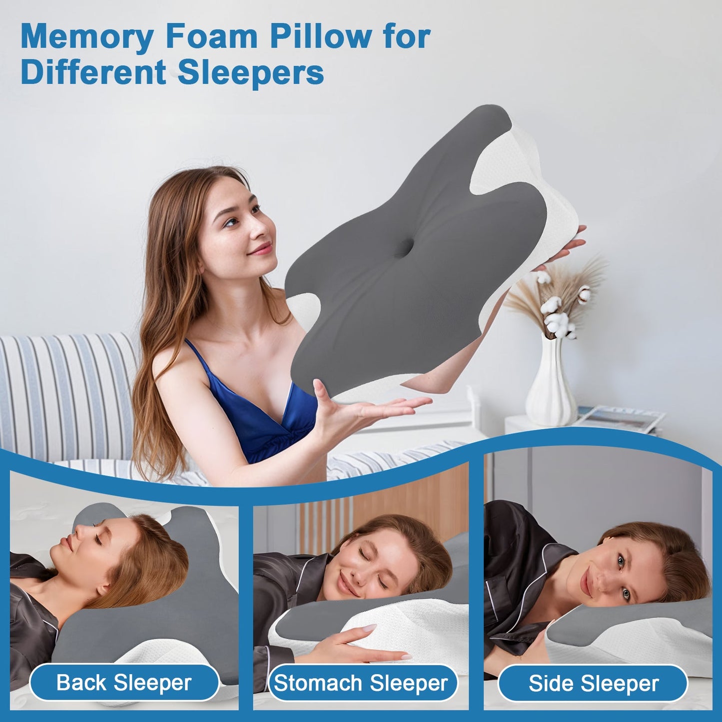 Cervical Pillow for Neck Pain Relief, Contour Memory Foam Pillows with Cooling Breathable Pillowcase, Ergonomic Orthopedic Neck Support Pillow for Side, Back and Stomach Sleepers