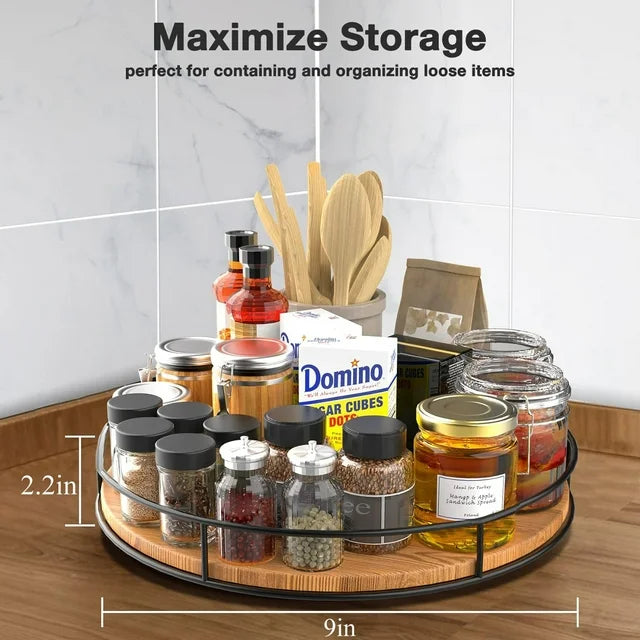 Katinyos 9 inch Lazy Susan Organizer, Non-Skid Round Wood Turntable Organizer with Steel Sides, Pantry Organizers and Storage for Cabinet, Kitchen Countertop, Spice Rack