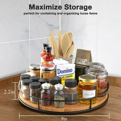 Katinyos 9 inch Lazy Susan Organizer, Non-Skid Round Wood Turntable Organizer with Steel Sides, Pantry Organizers and Storage for Cabinet, Kitchen Countertop, Spice Rack