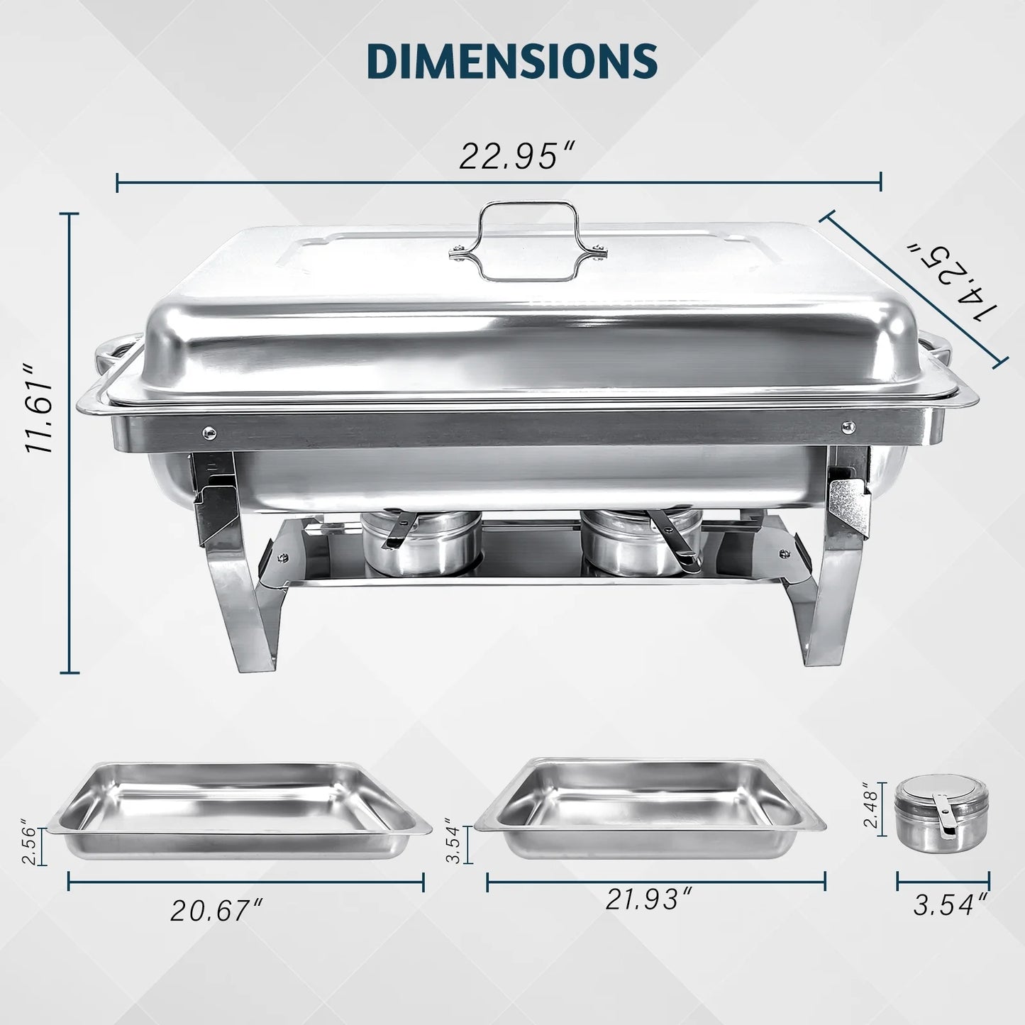 Jacgood Chafing Dish Chafer 8 QT Full size Stainless Steel Food Warmer Foldable Stove Dish Set Rectangular Chafing Dish Full Buffet Catering 1 pack