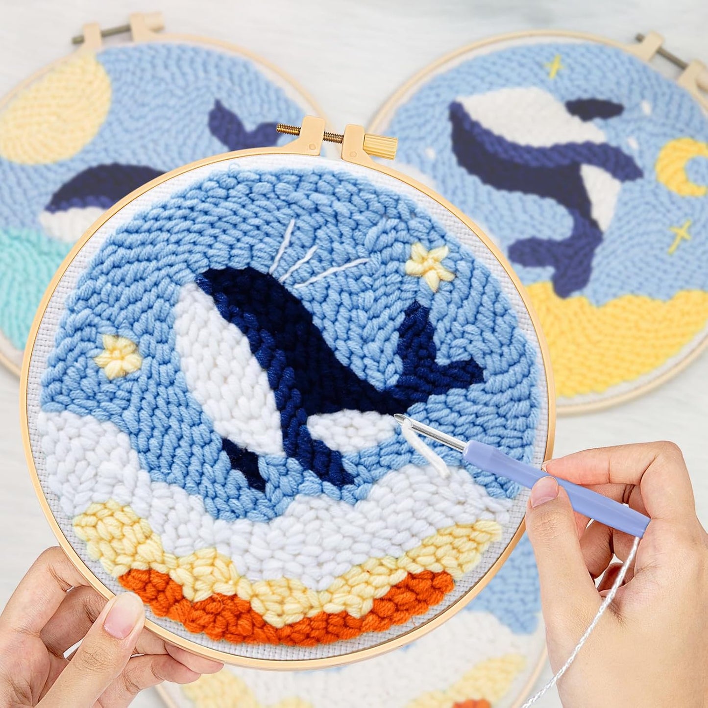 3 Pack Punch Needle Embroidery Kit for Beginners, Rug Hooking Starter Kit with Whale Pattern Stamped Cloth 3 Embroidery Hoops Woolen and Punch Needle
