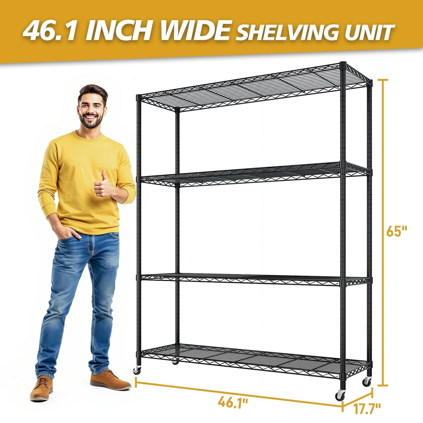 Ktaxon 4 Tier Wire Shelving with Wheels, 46"W x 17.7"D x 65"H Multifunctional Storage Rack Metal Garage Shelves Organizer, Capacity for 800lbs, Black