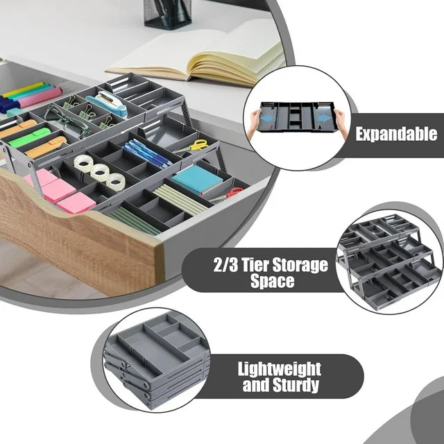Katinyos 3 Tier Expandable Drawer Organizer, Multi Level Folding Desk Organizer, Cabinet Organizer for Makeup, Jewelry, Desk, and Office Drawers