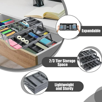 Katinyos 3 Tier Expandable Drawer Organizer, Multi Level Folding Desk Organizer, Cabinet Organizer for Makeup, Jewelry, Desk, and Office Drawers