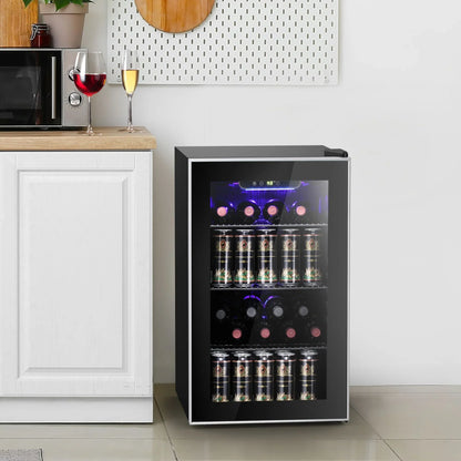 Moifoi 3.2 Cu.ft 126-Can Beverage Center Refrigerator, Electronic Temperature Mini Fridge w/ Glass Door and Adjustable Removable Shelves, for Home and Office