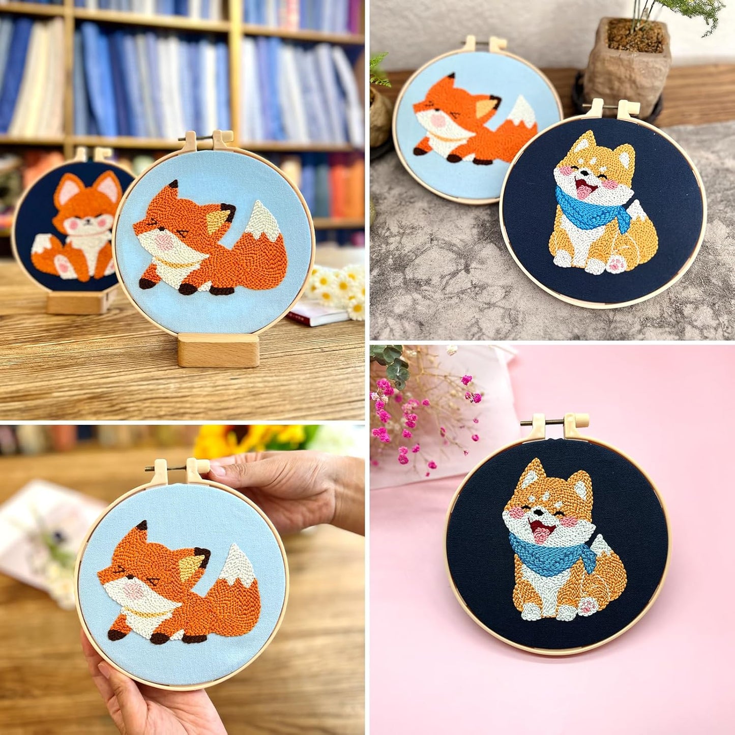 3 Pack Punch Needle Embroidery Kit for Beginners, Rug Hooking Starter Kit with Fox and Dog Pattern Stamped Cloth 3 Embroidery Hoops Woolen and Punch Needle, DIY Handicraft Crafts Kit