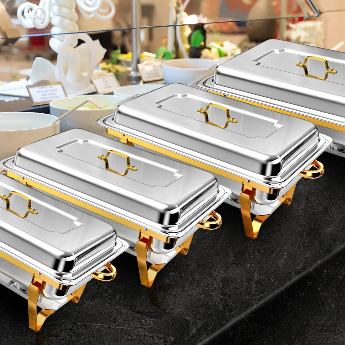 PRIJESSE 4 Pack Gold 9QT Chafing Dish with Half Size Food Pans, Complete Set Nonstick Stainless Steel Chafer Food Warmer