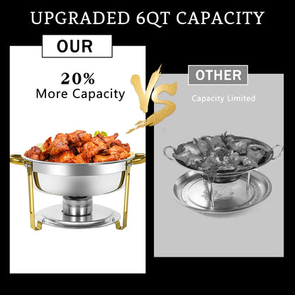 PRIJESSE 6 Qt Gold Chafing Dishes for Buffet with Stainless Steel Lid, Round Chafing Dish Buffet Set with Food and Water Pans for Catering, Parties, Hotels and Weddings, 4 Pack
