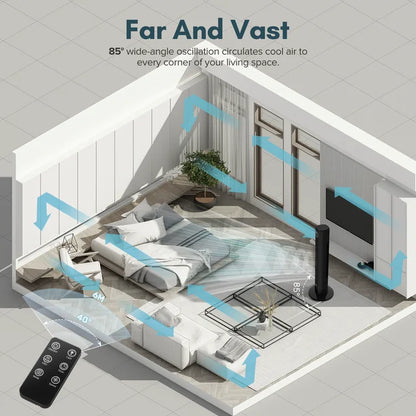 KISSAIR 35" Tower Fan for Home, 85° Oscillating Tower Fan, 4 Modes & 3 Speeds Standing Floor Fan with 12H Timer, Bladeless & Family-Safe Design with Remote Control, (Black)