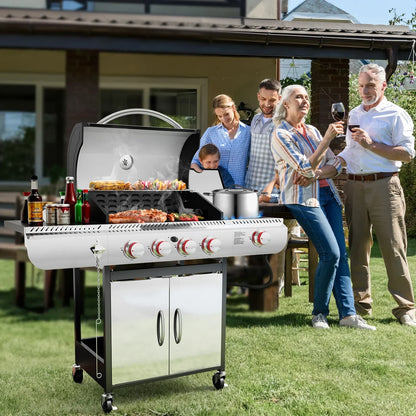 LHRIVER 4 Burner Stainless Steel Propane Gas Grill with Side Burner, Portable Outdoor Barbecue Cooking BBQ, 42,000 BTU