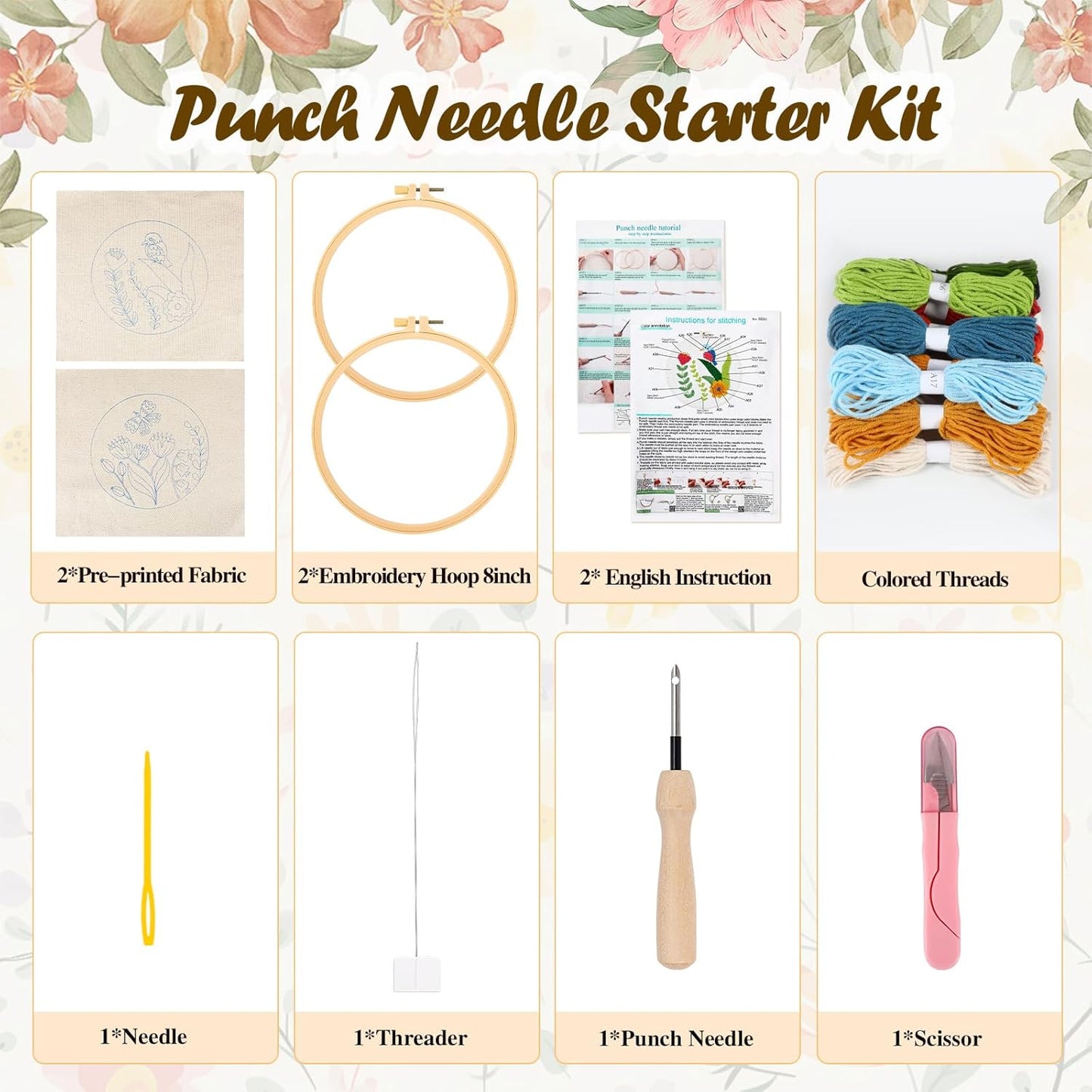 2 Pack Punch Needle Embroidery Kit for Beginners, Rug Hooking Starter Kit with Butterfly Flowers Bird Pattern Stamped Cloth 2 Embroidery Hoops Woolen and Punch Needle, DIY Handicraft Crafts Kit