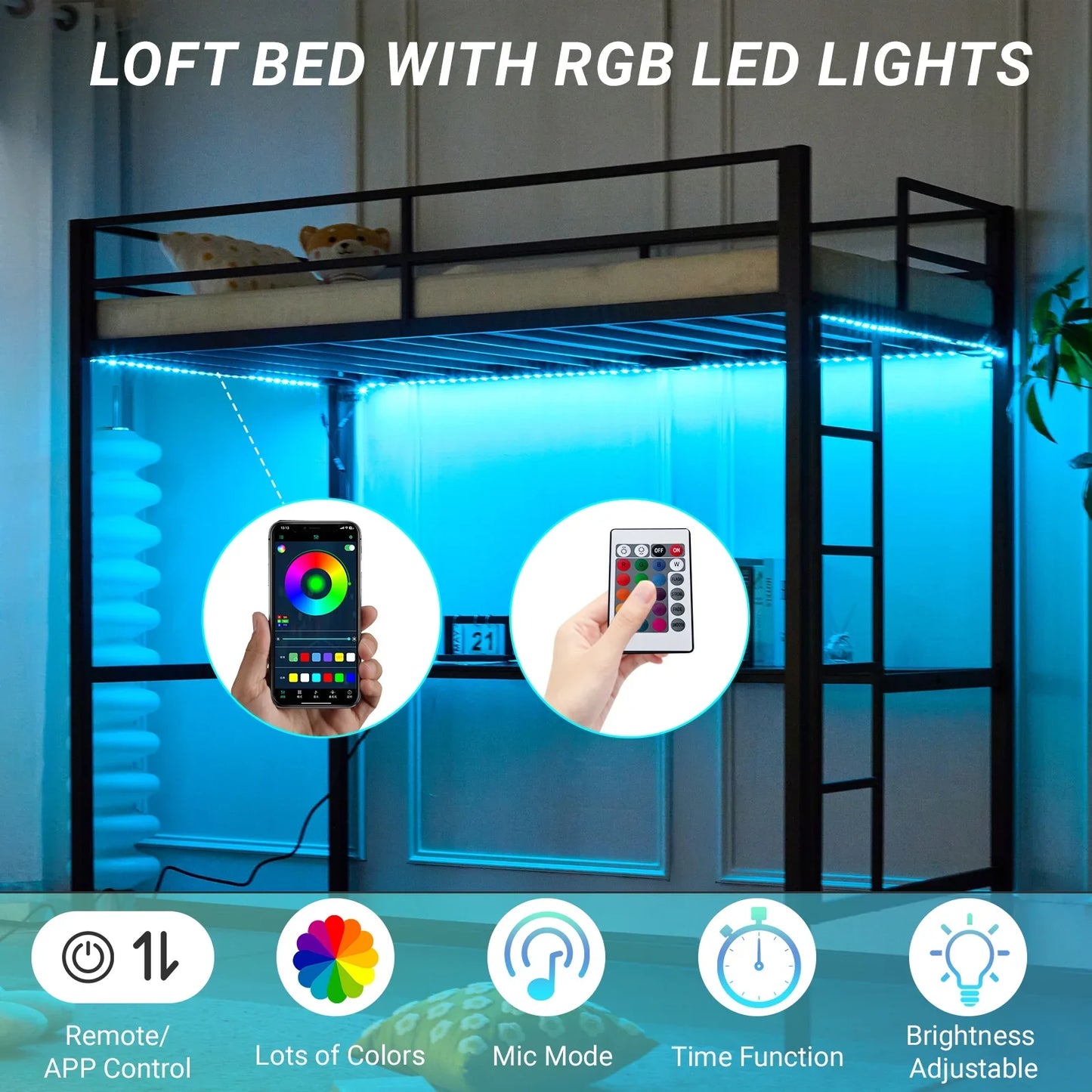 Twin Metal Loft Bed Frame with LED Lights&Charging Station&Desk,Bunk Bed For Kids, Adult, No Box Spring Needed,Black