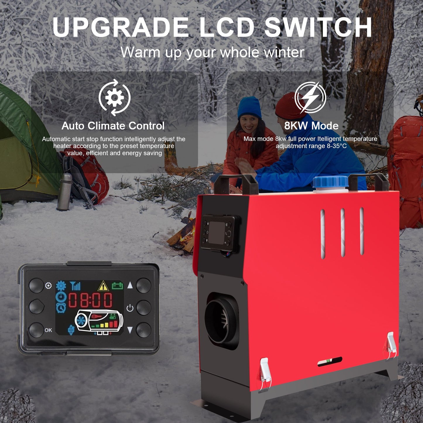 Jacgood 12V 8KW Diesel Air Heater, Black, With LCD Display, Remote Control, Silencer, for Recreational Vehicle