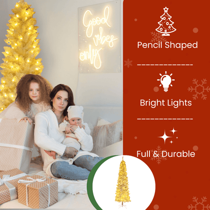 Ktaxon 6.5FT Pre-Lit Christmas Tree, Warm White Lights Pencil Xmas Tree, Slim Christmas Tree with 719 Tips, White