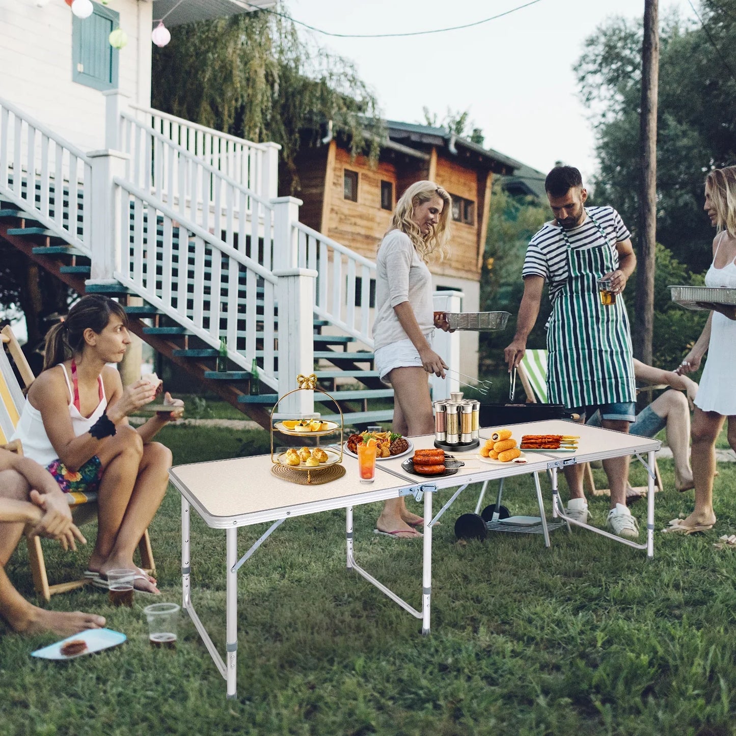 Ktaxon 6' Outdoor Portable Aluminum Camping Picnic Table, 3-Level Adjustable Height Metal Folding Dining Table, Use for Camping Party Wedding Garden Commercial Entertaining Events, White