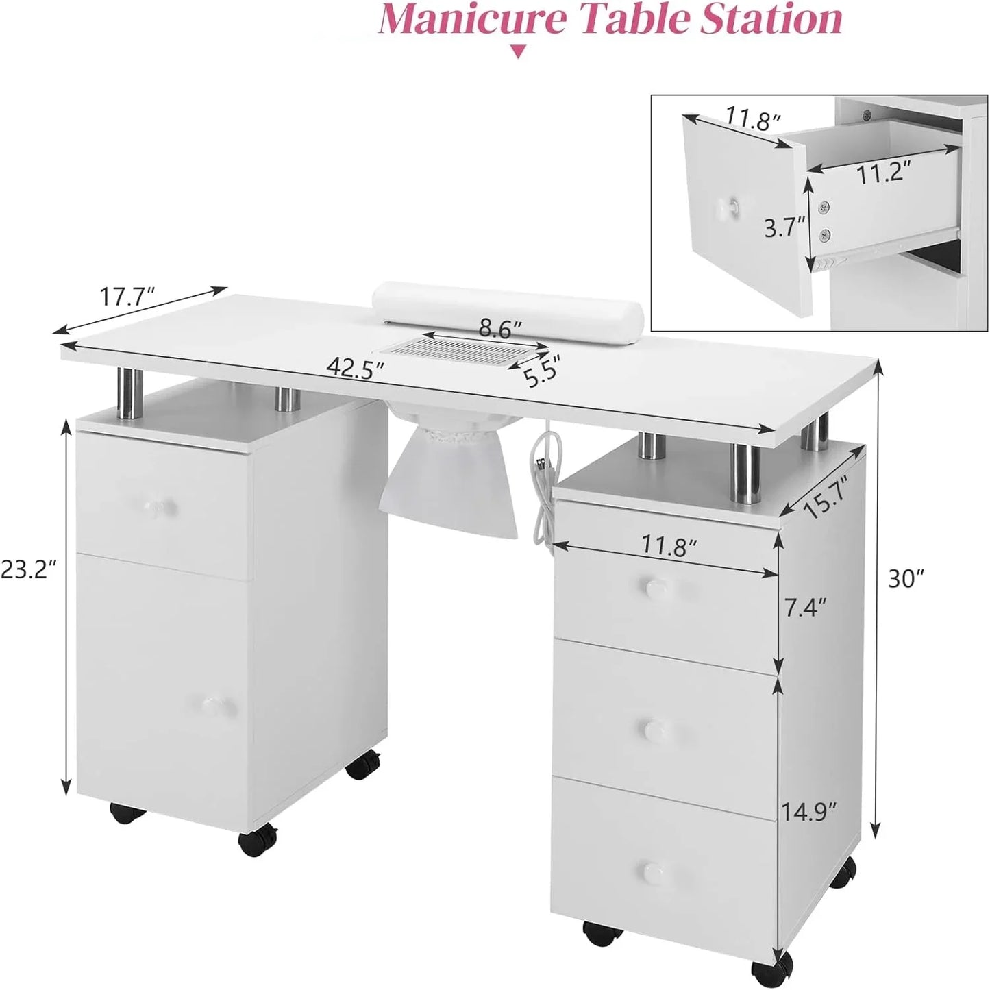 Ktaxon Nail Table Storage Station with 4 Drawers, Lockable Wheels, White