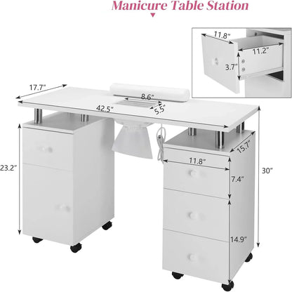 Ktaxon Nail Table Storage Station with 4 Drawers, Lockable Wheels, White