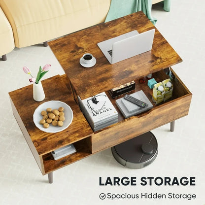Lift Tabletop Coffee Tables for Living Room with Storage Shelf and Hidden Compartment - Brown