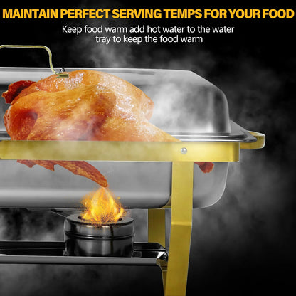 PRIJESSE 4 Pack Gold 9QT Chafing Dish with Half Size Food Pans, Complete Set Nonstick Stainless Steel Chafer Food Warmer