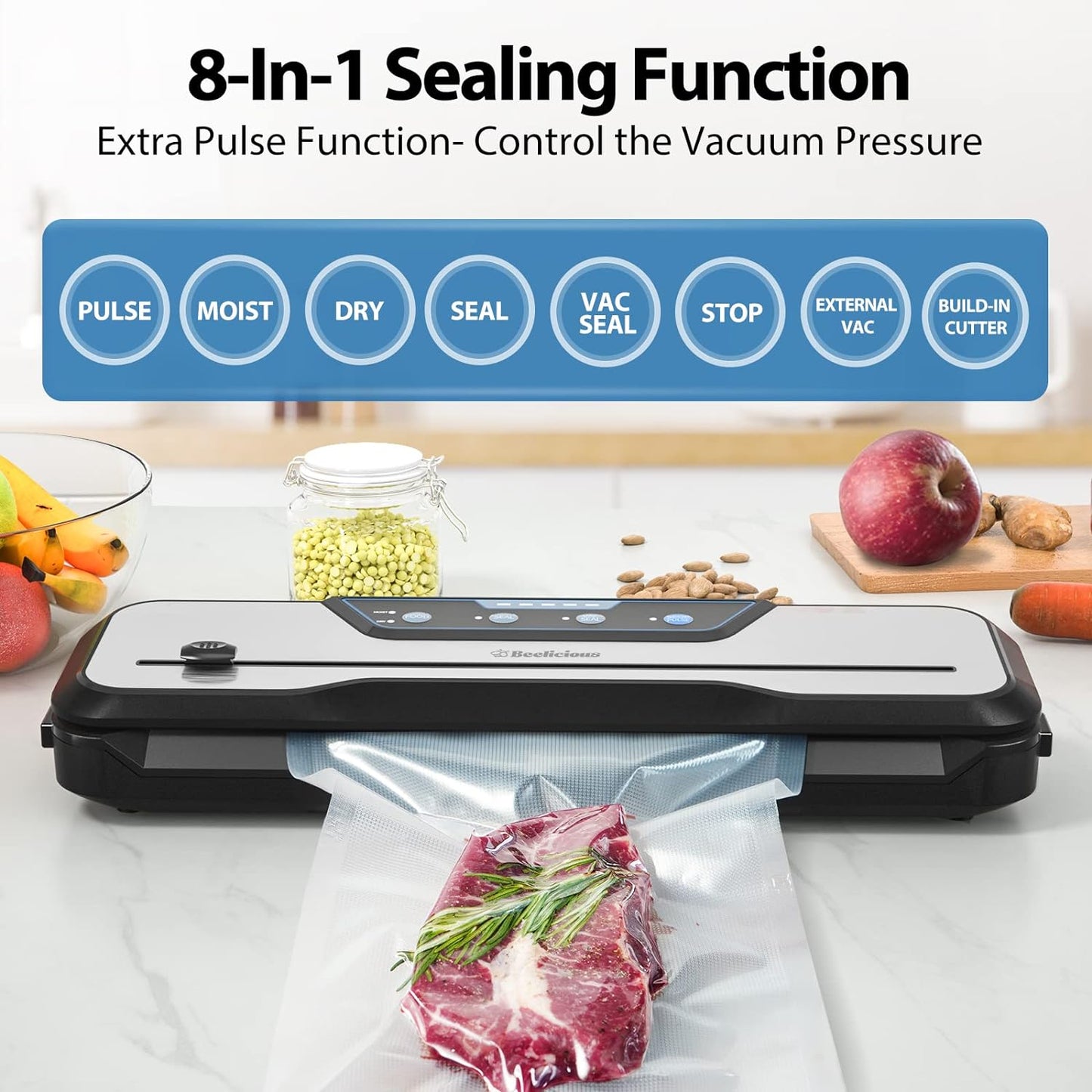 Vacuum Sealer, 80Kpa Food Sealer Machines Automatic Air Sealing System with Vacuum Hose & 10Pcs Bags Starter Kit, 5 Modes for Dry & Moist Food Storage Sous Vide