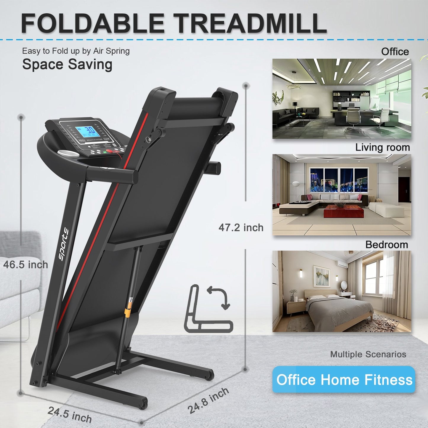 VLDTDRDI Automatic Folding Treadmill with 8mph Speed,50.4" Longer Portable Running Walking Compact Exercise Machine with 5" Screen Display,12 Preset Program, 4-Level Incline and Bluetooth Music