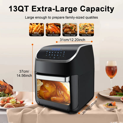 Jacgood XL 13QT Multifunctional Digital Air Fryer+ Rotisserie, Dehydrator, Convection Oven, 10 Touch Screen Presets Fry, Roast, Dehydrate, Bake, Large Family Size，Easy-View Window, Black