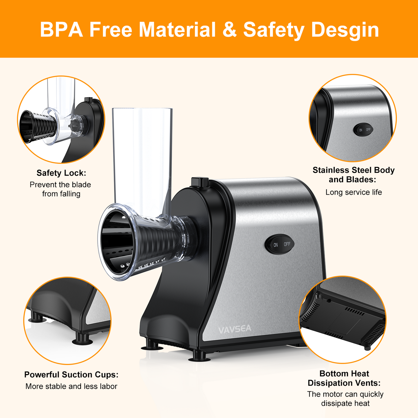 Electric Cheese Grater Shredder, Vegetable Chopper Slicer 250W Salad Maker for Home Kitchen Use with 4 Type Blades, One-Touch Easy Control