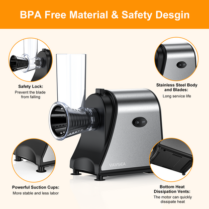 Electric Cheese Grater Shredder, Vegetable Chopper Slicer 250W Salad Maker for Home Kitchen Use with 4 Type Blades, One-Touch Easy Control