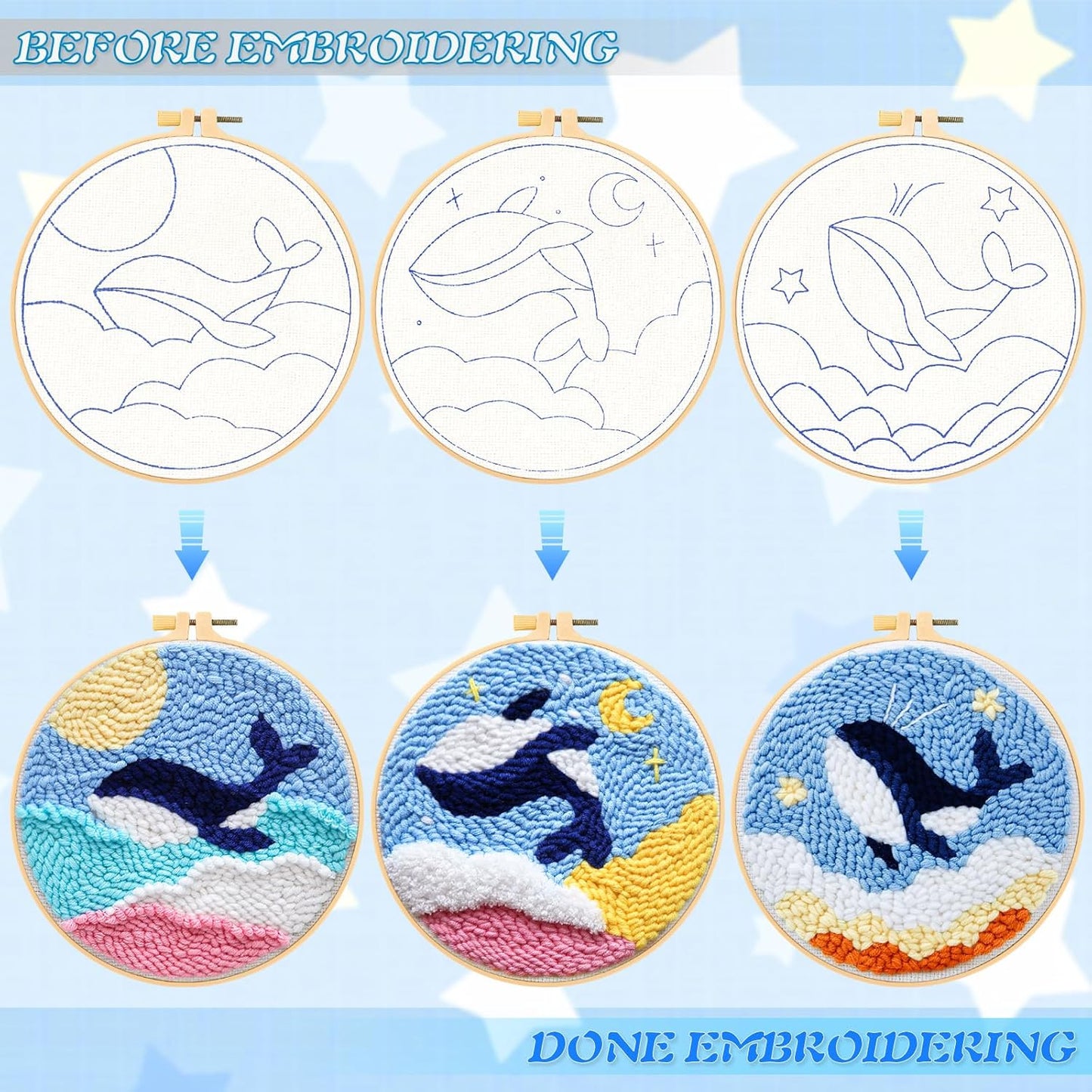3 Pack Punch Needle Embroidery Kit for Beginners, Rug Hooking Starter Kit with Whale Pattern Stamped Cloth 3 Embroidery Hoops Woolen and Punch Needle