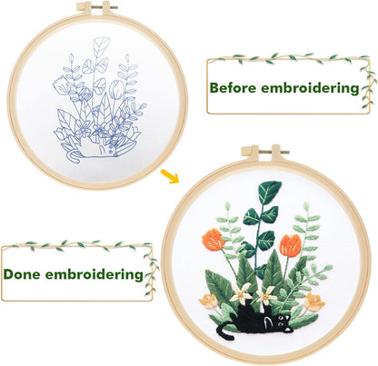 3 Pack Embroidery Kit for Beginners, Sewing Cross Stitch Starter Set Craft Stamped Cloth with Cute Cat Pattern Hoops Threads and Needles