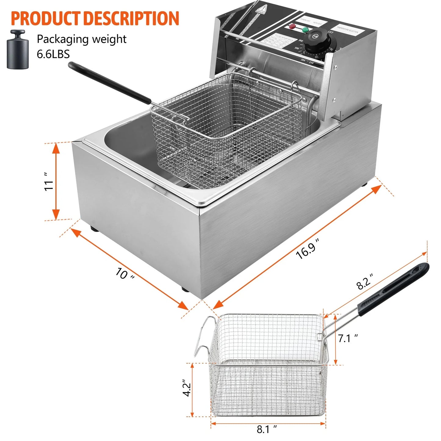 Jacgood 6L Stainless Steel Electric Fryer With Basket For Home Kitchen And Restaurant Professional Commercial Electric Deep Fryer