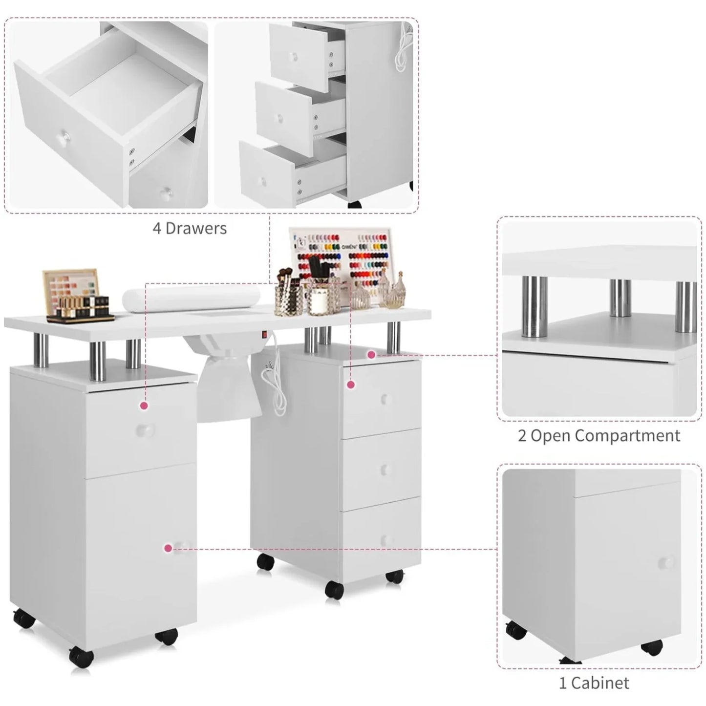 Ktaxon Nail Table Storage Station with 4 Drawers, Lockable Wheels, White