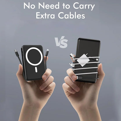 Podoru Wireless Portable Charger, 10000mAh Magnetic Power Bank Built-in USB C Lighting Cables 22.5W PD Fast Charging LED Display Battery Pack for for iPhone 16/15/14/13/12 - Black