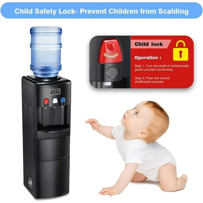 LHRIVER Water Dispenser with Ice Maker, 3-in-1 Water Dispenser for 5 Gallon Bottle, Water Cooler Dispenser Built-in Ice Maker with 3 Temperature Settings, Easy Cleaning, Child Lock-BLACK