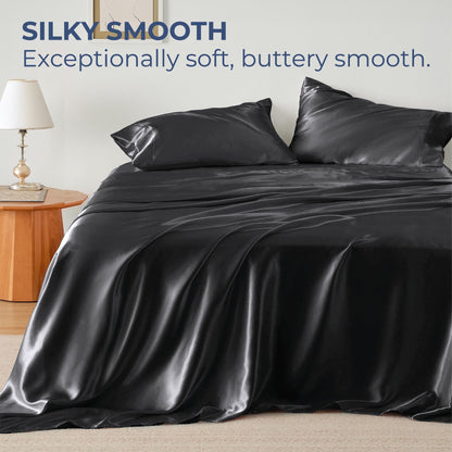 TURKIO Satin Sheets Queen Silk Sheets Black Bed Sheet Set,4 Pieces 1800 Microfiber 2 Pillowcase 20"x30"