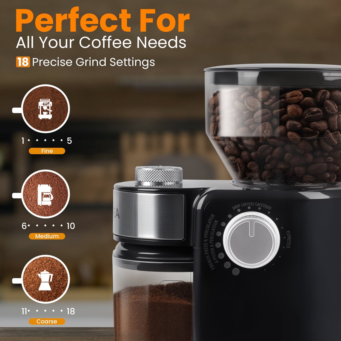 Burr Coffee Grinder, Electric Coffee Bean Grinder with 18 Precise Grind Settings, 3-18 Cup, for Espresso/Drip/Pour over/Cold Brew/French Press