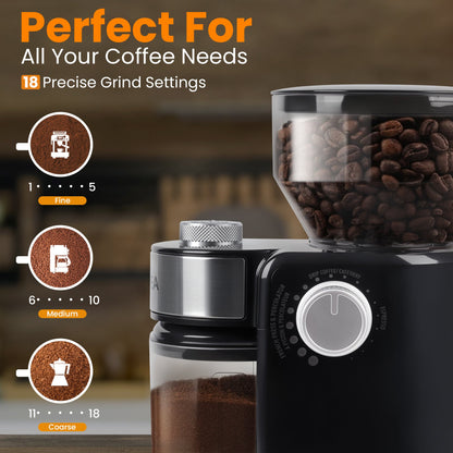 Burr Coffee Grinder, Electric Coffee Bean Grinder with 18 Precise Grind Settings, 3-18 Cup, for Espresso/Drip/Pour over/Cold Brew/French Press