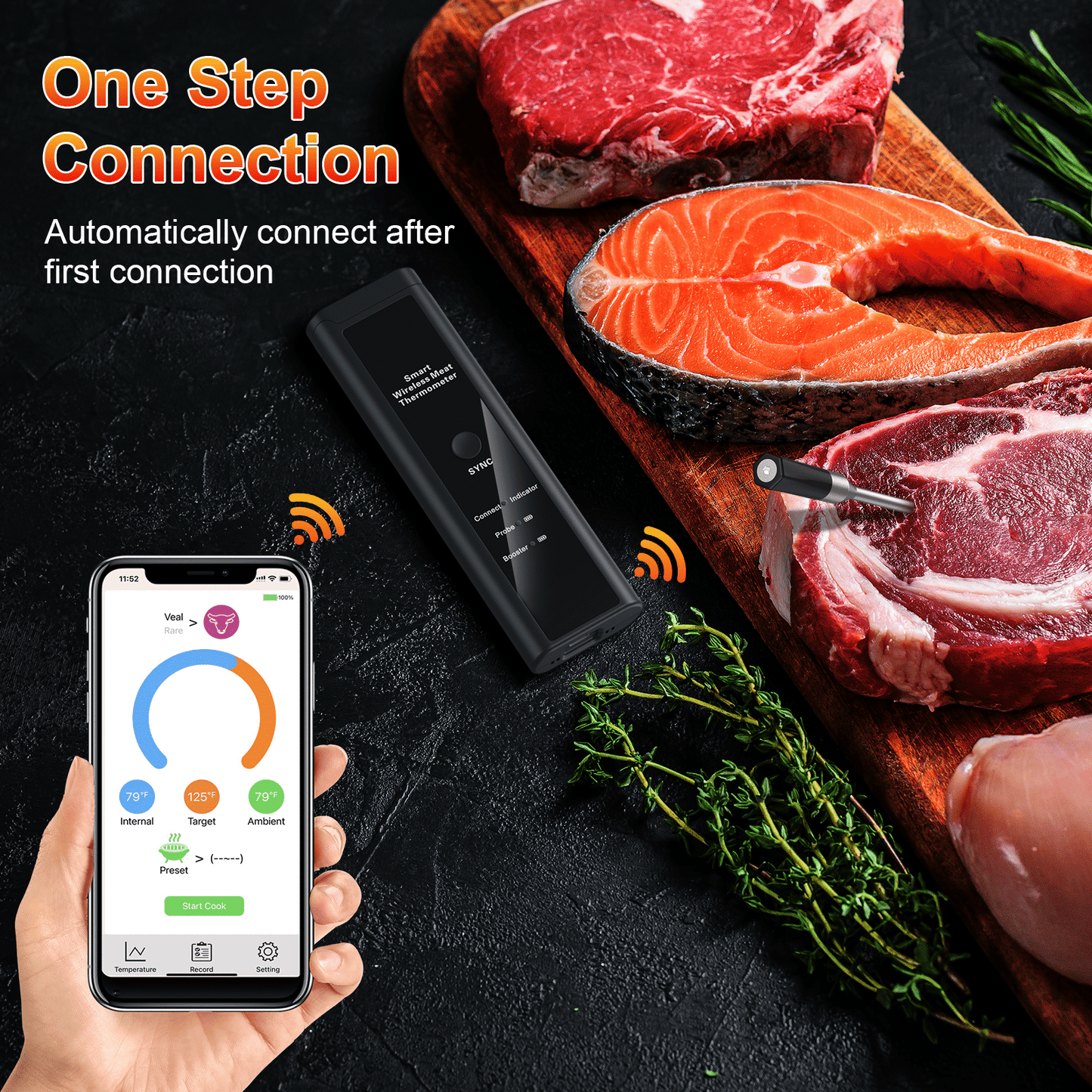 Long Range Wireless Meat Thermometer, Bluetooth Meat Thermometer for Turkey Beef Lamb, Smart Meat Thermometer for BBQ, Oven, Grill, Kitchen, Smoker, Rotisserie